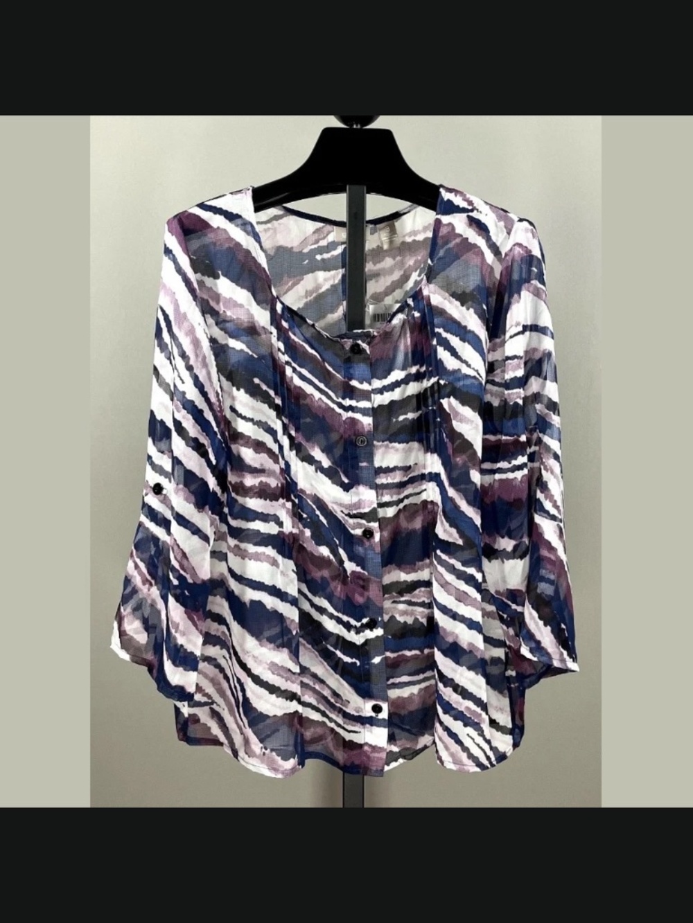 NEW Chicos Shirt Womens Large blue purple sheer button up blouse casual classic